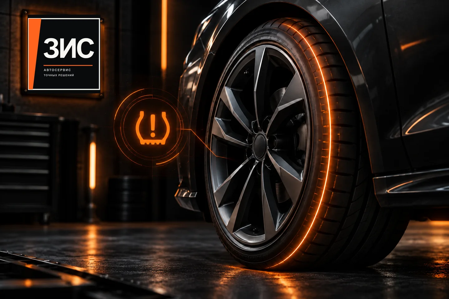 Тематическая иллюстрация колеса и предупреждения TPMS в фирменном стиле автосервиса ЗИС
