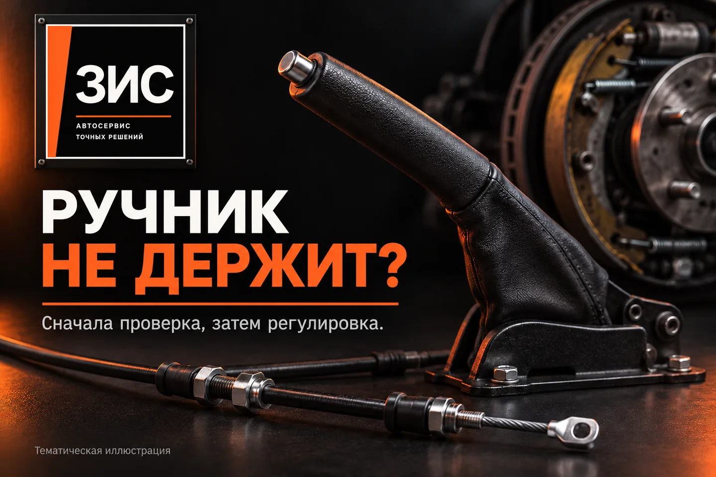 Тематическая иллюстрация ручного стояночного тормоза и троса в чёрно-оранжевом стиле ЗИС