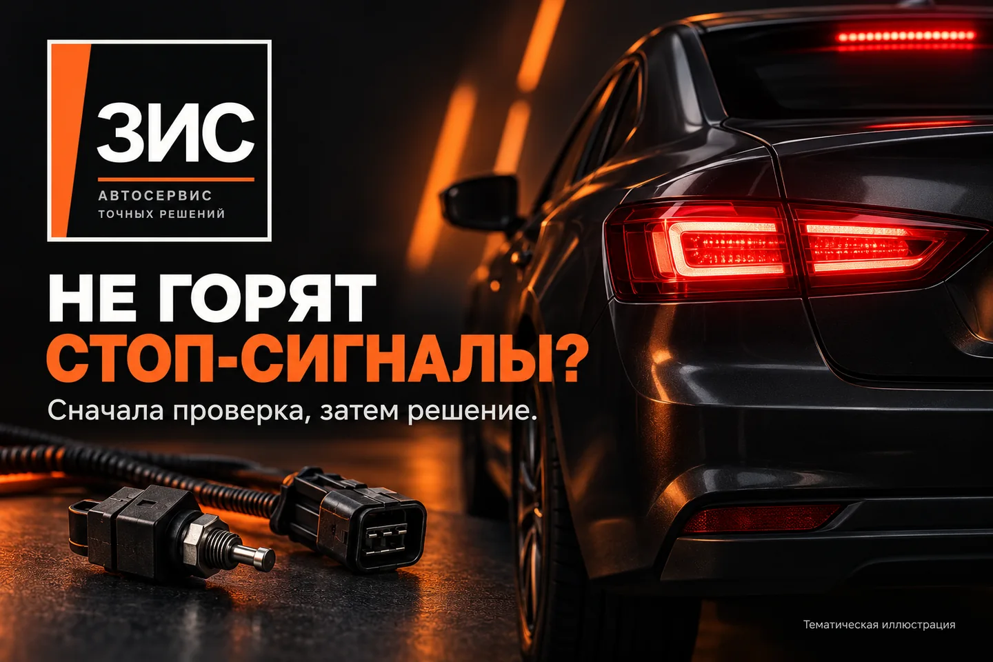 Тематическая иллюстрация задних стоп-сигналов автомобиля в чёрно-оранжевой стилистике ЗИС