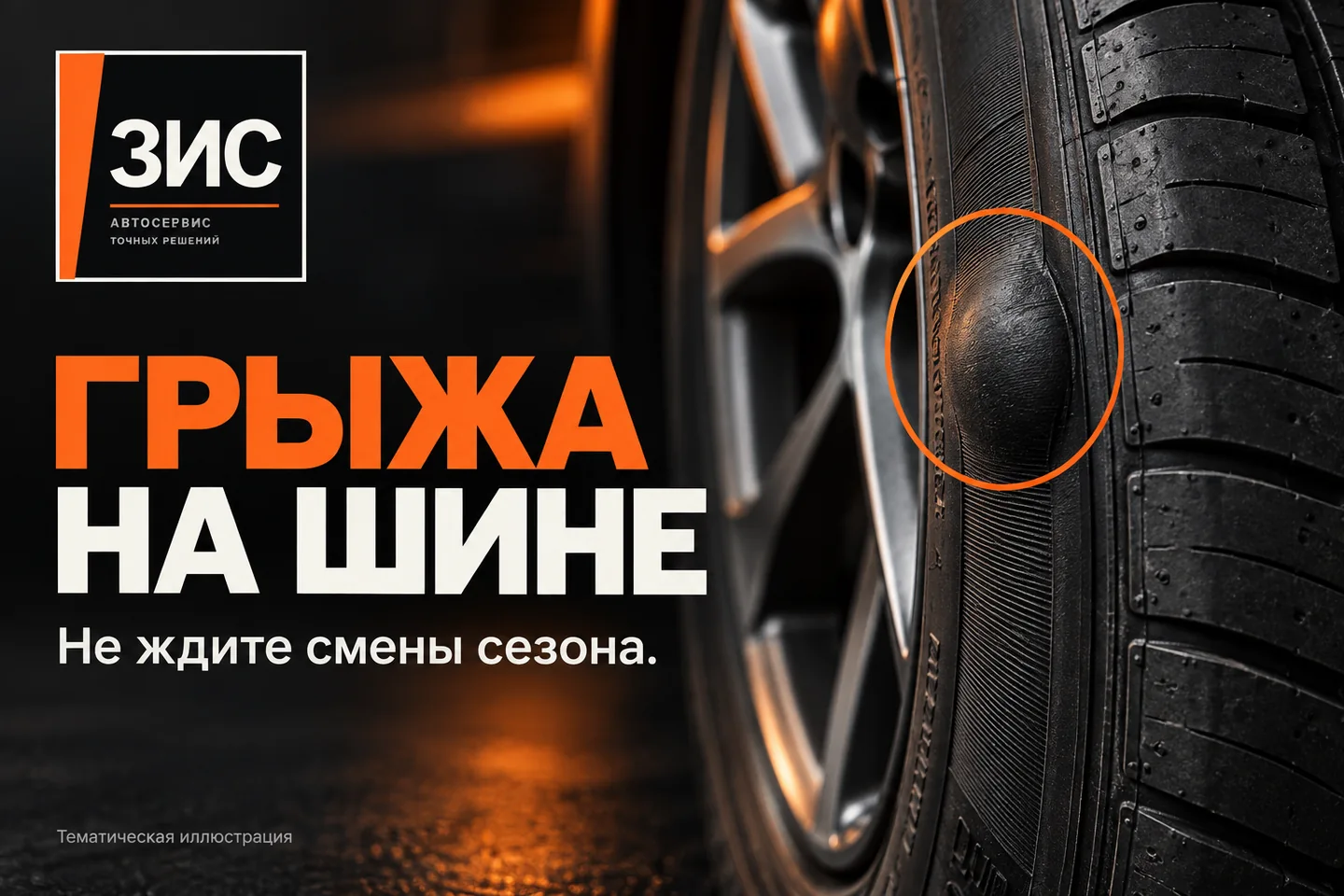Тематическая иллюстрация выпуклого повреждения боковины шины в чёрно-оранжевой стилистике ЗИС