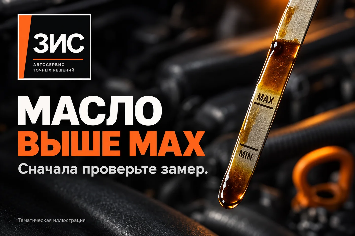 Тематическая иллюстрация проверки уровня моторного масла выше MAX в чёрно-оранжевой стилистике ЗИС