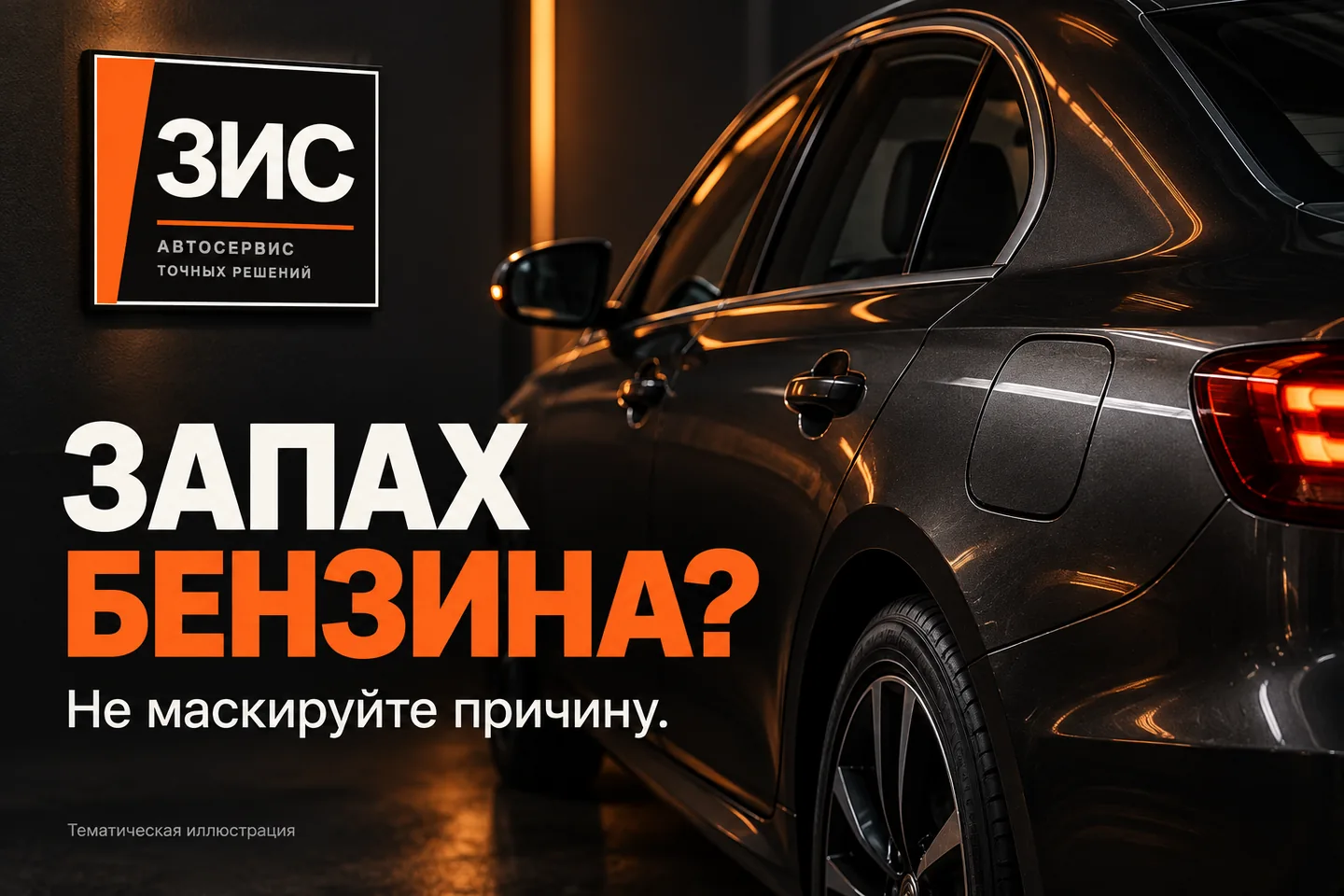 Тематическая иллюстрация памятки о запахе бензина в салоне с исходным логотипом ЗИС в чёрно-оранжевой стилистике