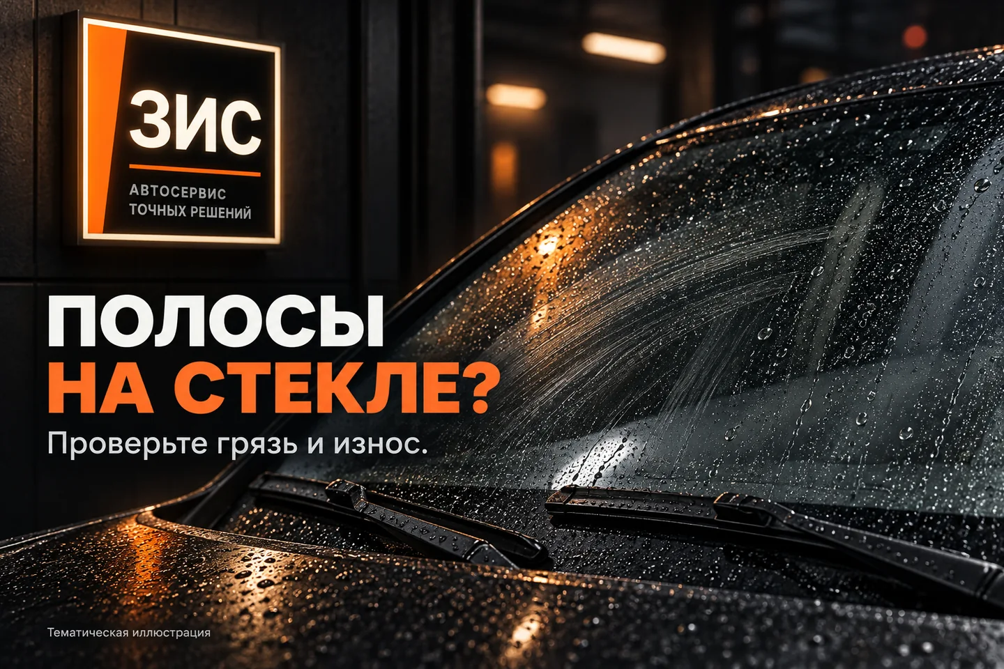Брендированная тематическая иллюстрация ЗИС: щётки стеклоочистителя на влажном лобовом стекле, не фотография работ сервиса