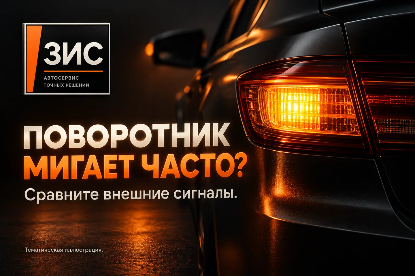 Тематическая брендированная иллюстрация ЗИС: светящийся указатель поворота тёмного автомобиля, не фотография выполненных работ
