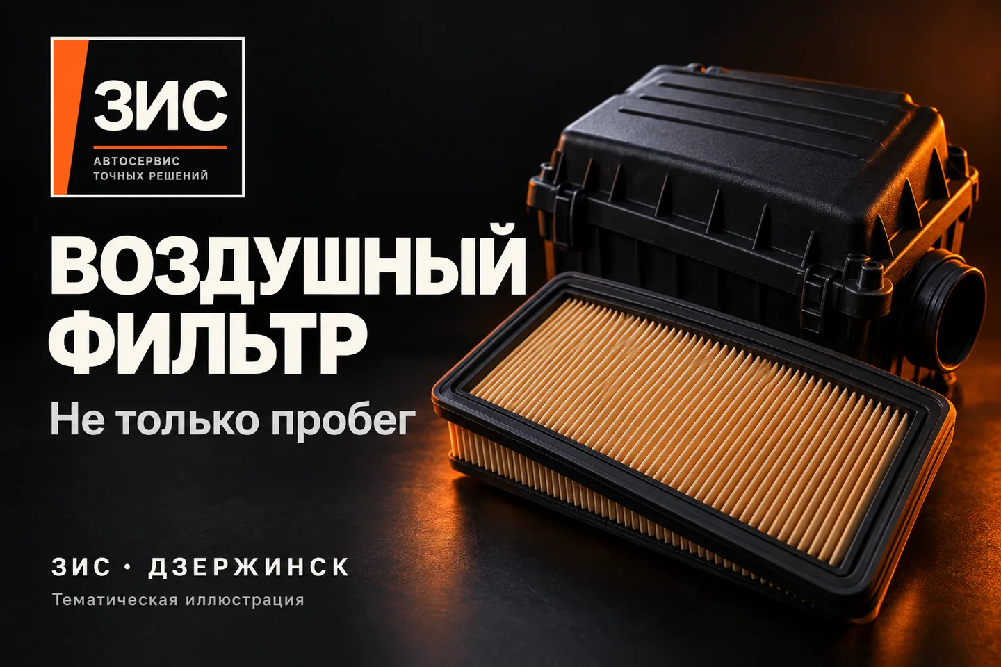 Брендированная тематическая иллюстрация ЗИС: воздушный фильтр двигателя рядом с корпусом, не фотография выполненных работ